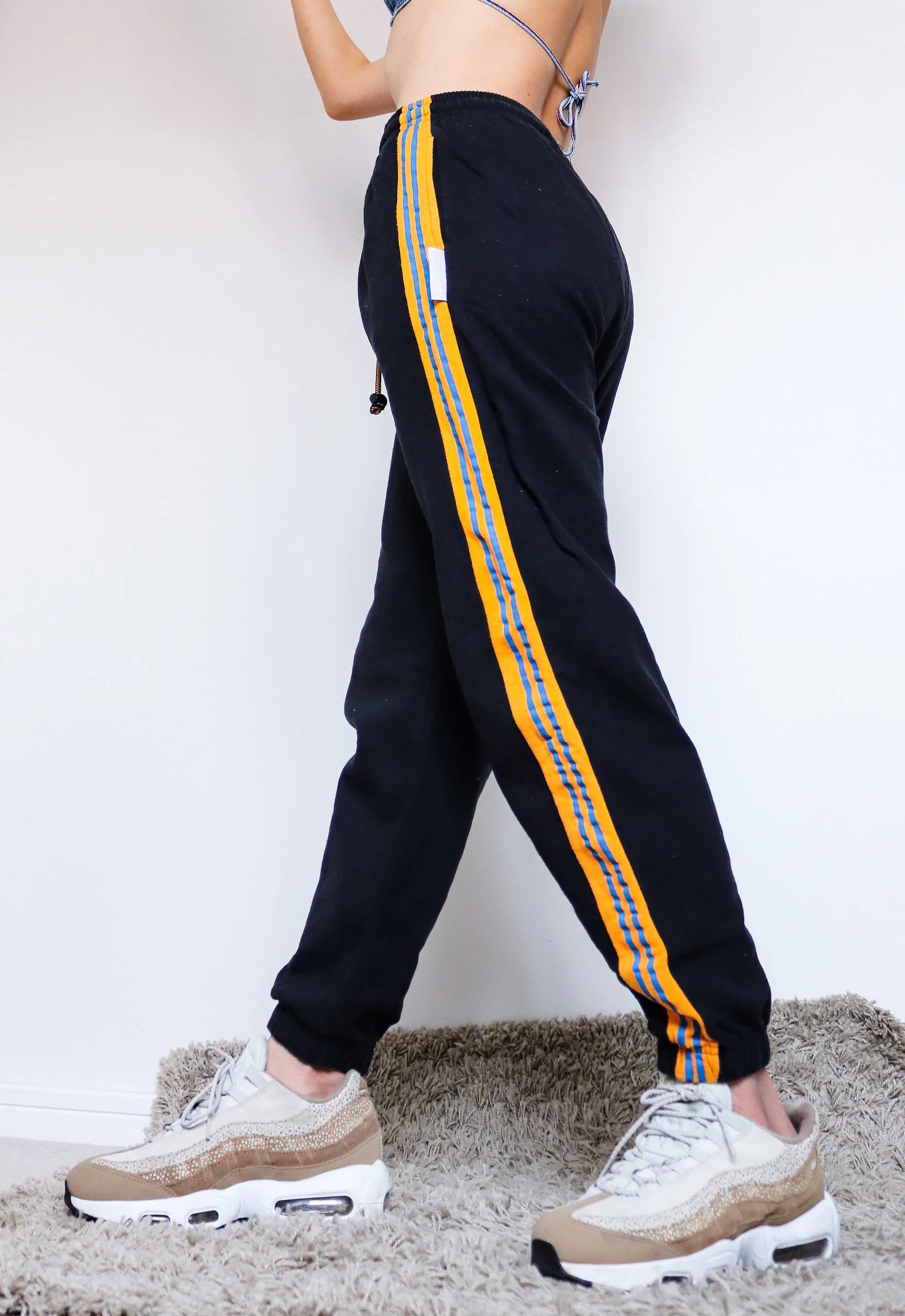 90s Y2K 00s VINTAGE BLACK  JOGGER ORANGE BLUE SIDE STRIPES SPORTY COMFY PANTS TROUSERS