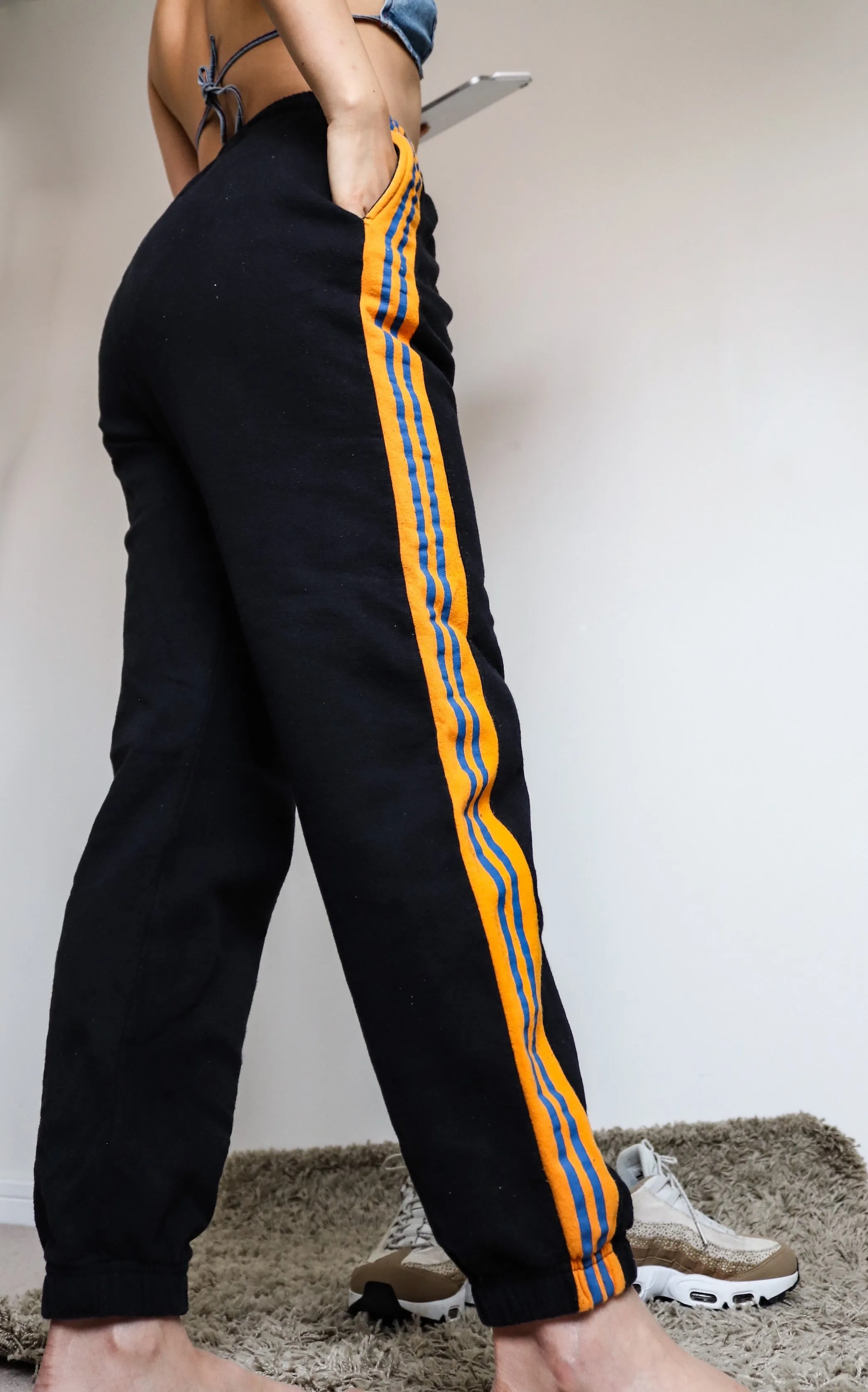 90s Y2K 00s VINTAGE BLACK  JOGGER ORANGE BLUE SIDE STRIPES SPORTY COMFY PANTS TROUSERS