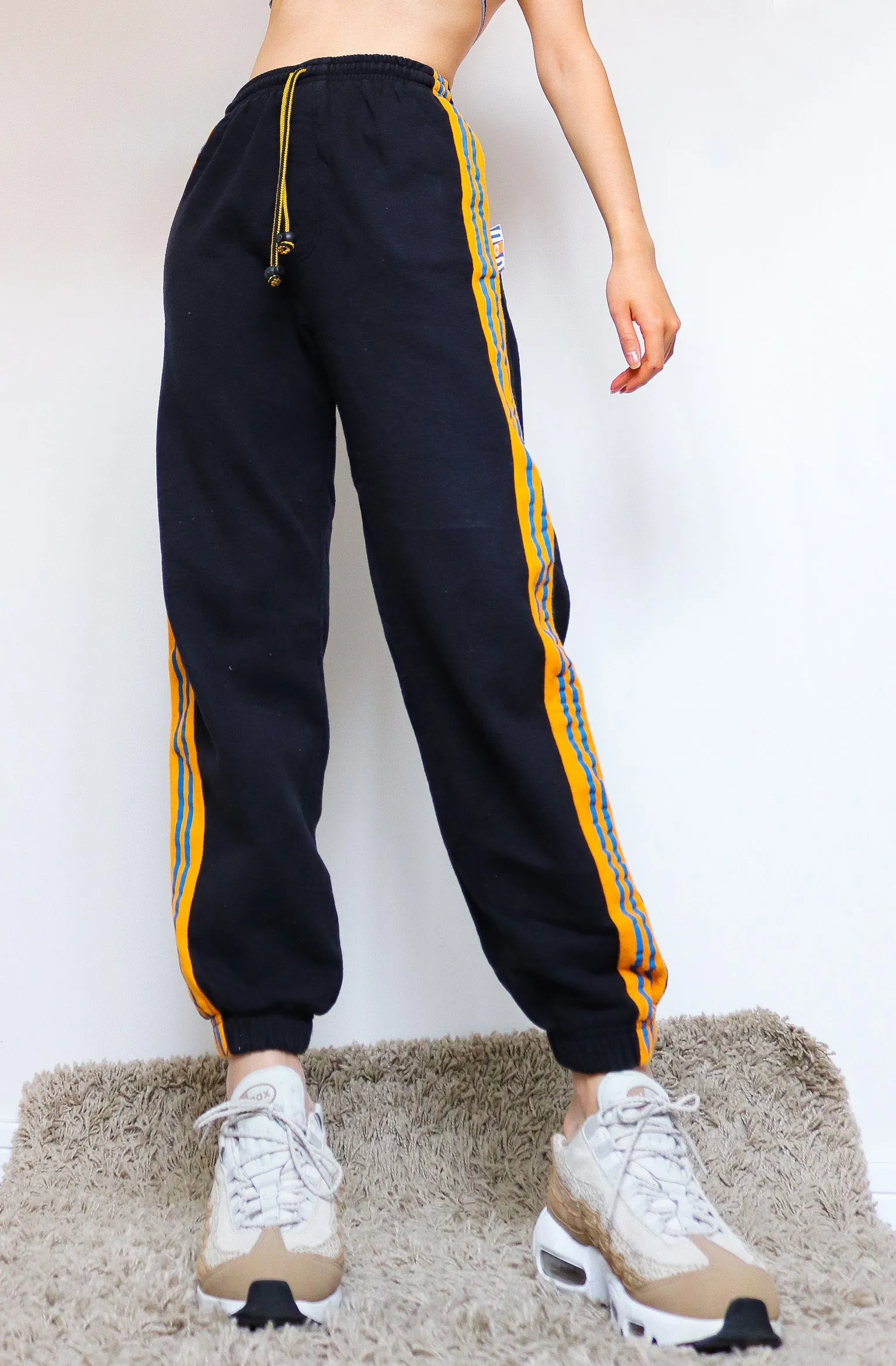 90s Y2K 00s VINTAGE BLACK  JOGGER ORANGE BLUE SIDE STRIPES SPORTY COMFY PANTS TROUSERS