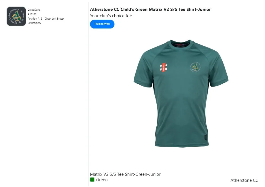 Atherstone CC Child's Green Matrix V2 S/S Tee Shirt-Junior