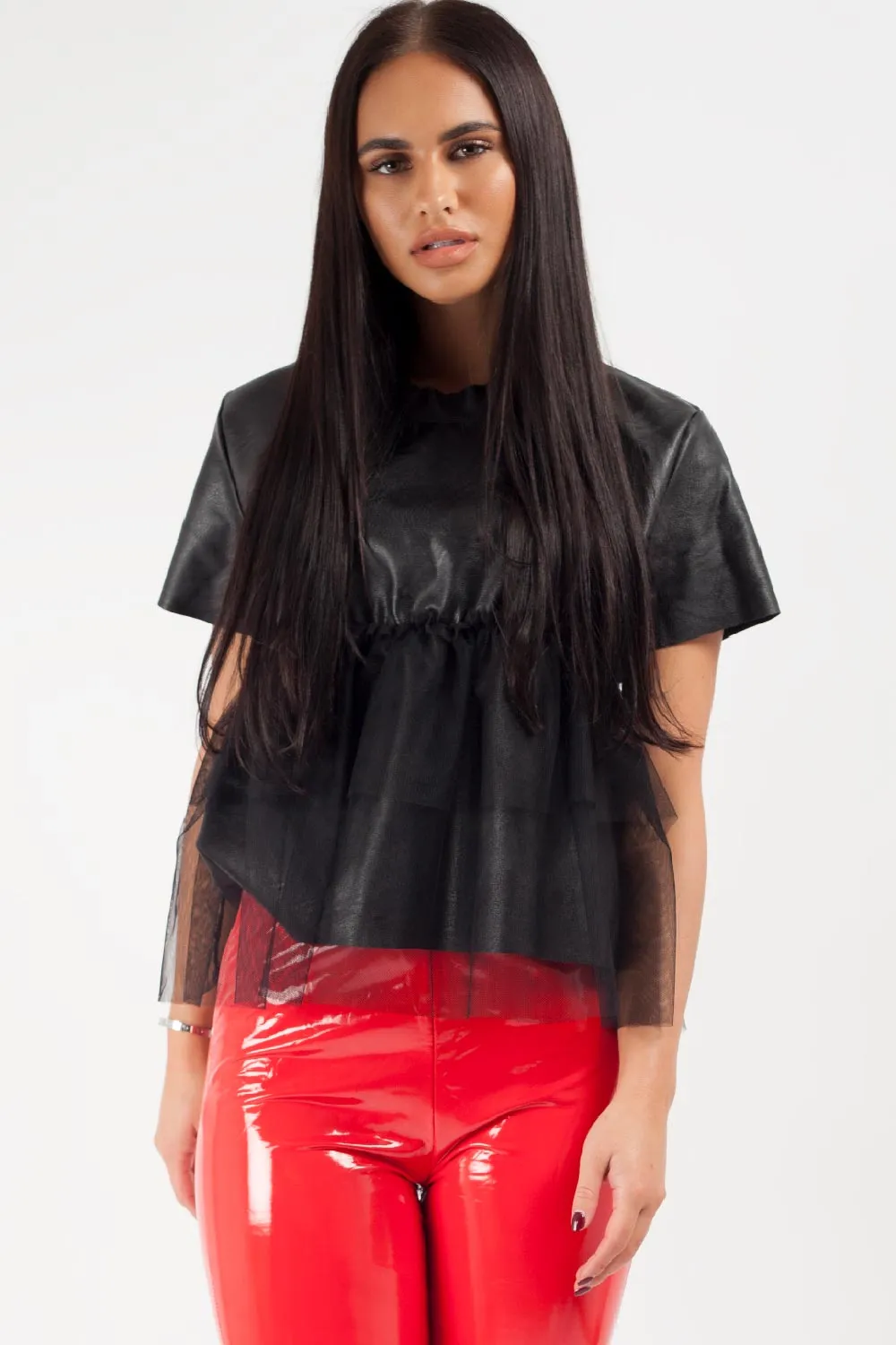 Black Faux Leather Mesh Layered Going Out Top