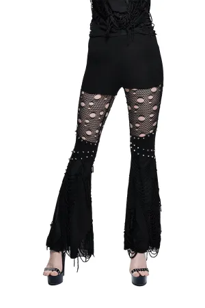 Black Flared Pants with Fabrics Shreds / Sexy Lace Hollow-Out Trousers / Ripped Skinny Pants