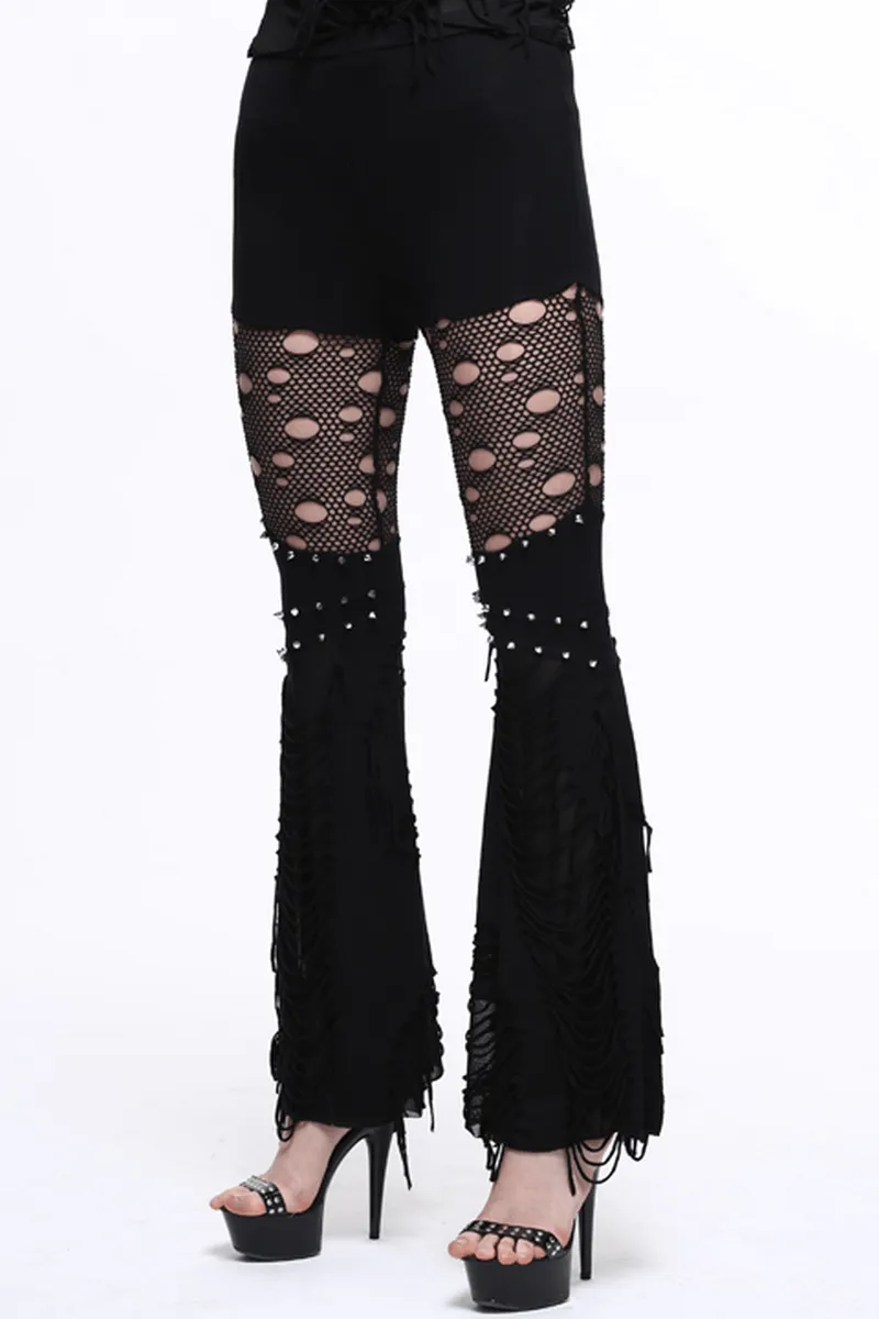 Black Flared Pants with Fabrics Shreds / Sexy Lace Hollow-Out Trousers / Ripped Skinny Pants