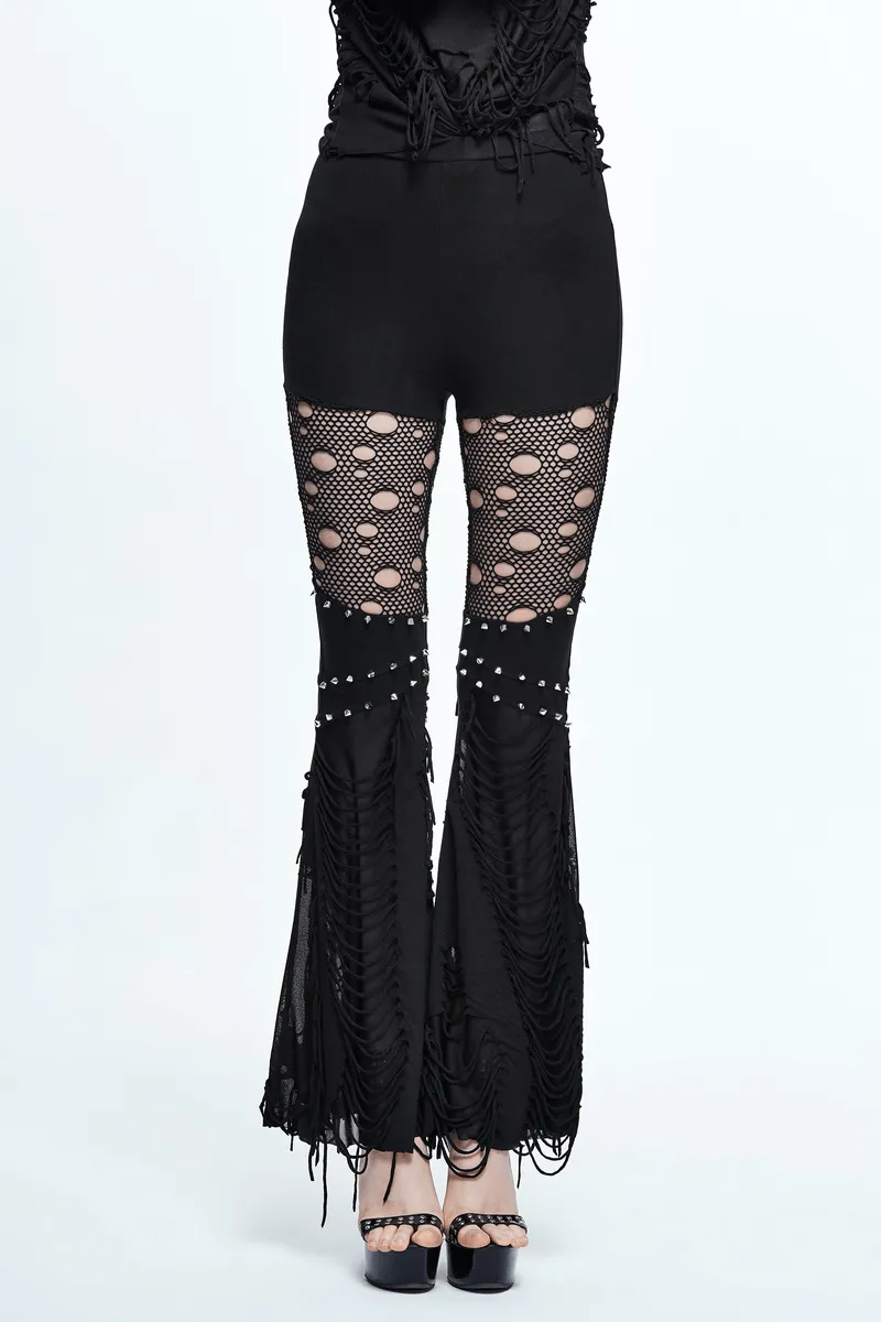 Black Flared Pants with Fabrics Shreds / Sexy Lace Hollow-Out Trousers / Ripped Skinny Pants