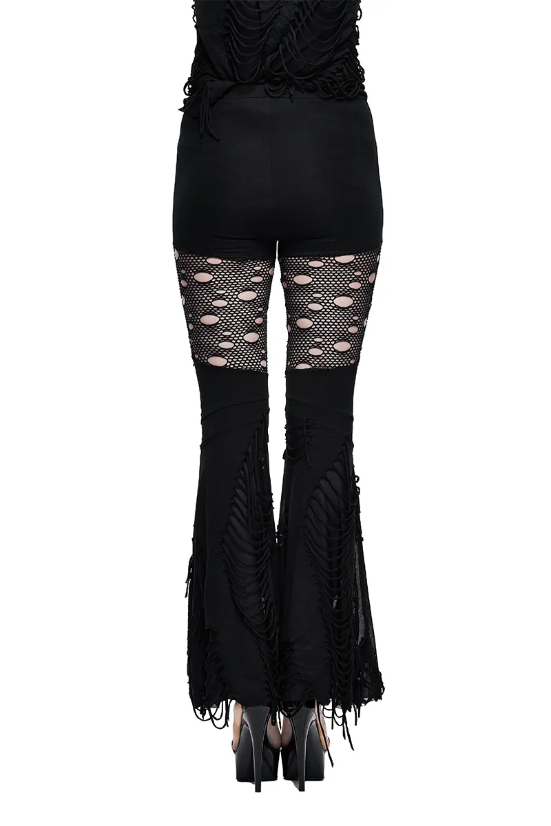 Black Flared Pants with Fabrics Shreds / Sexy Lace Hollow-Out Trousers / Ripped Skinny Pants