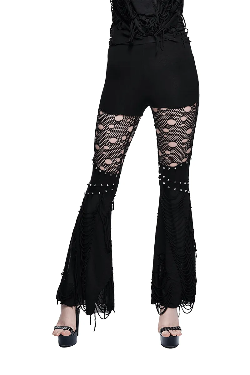 Black Flared Pants with Fabrics Shreds / Sexy Lace Hollow-Out Trousers / Ripped Skinny Pants