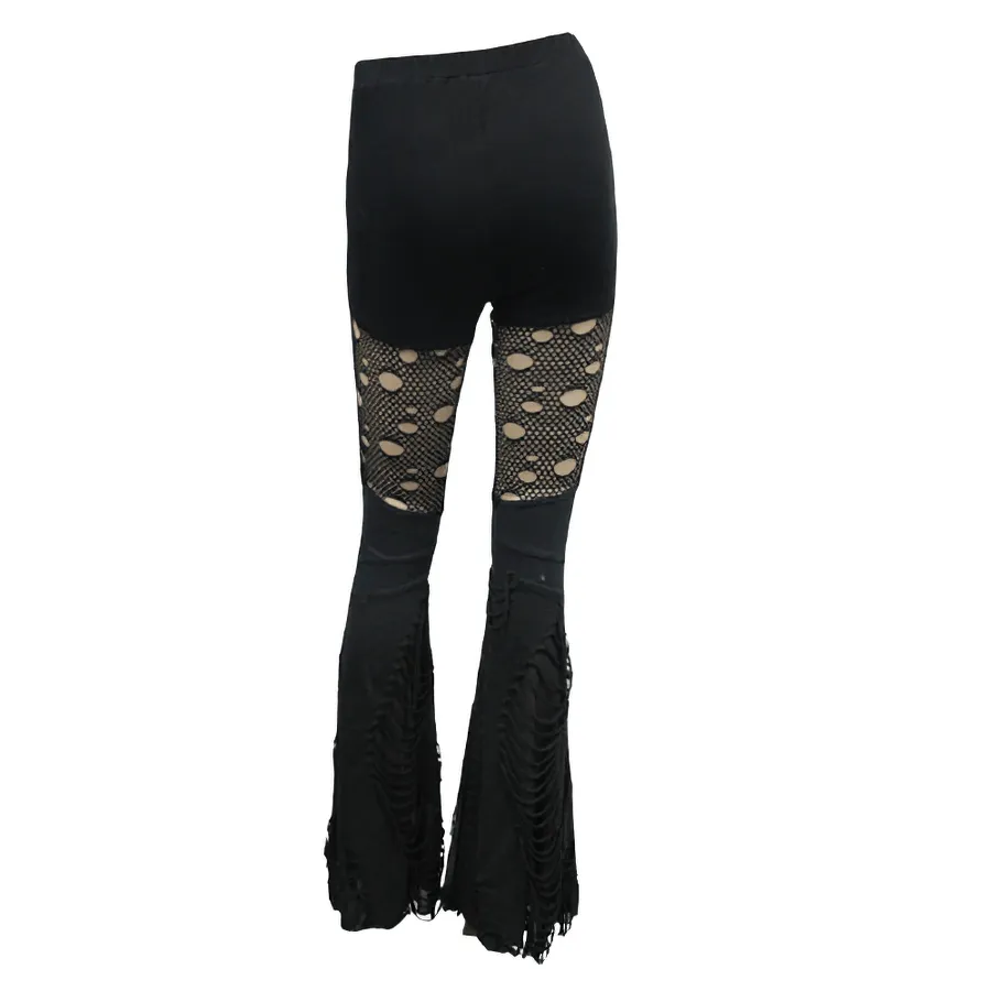 Black Flared Pants with Fabrics Shreds / Sexy Lace Hollow-Out Trousers / Ripped Skinny Pants