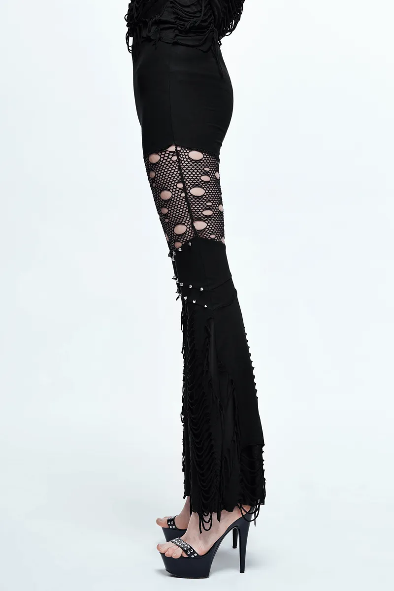 Black Flared Pants with Fabrics Shreds / Sexy Lace Hollow-Out Trousers / Ripped Skinny Pants