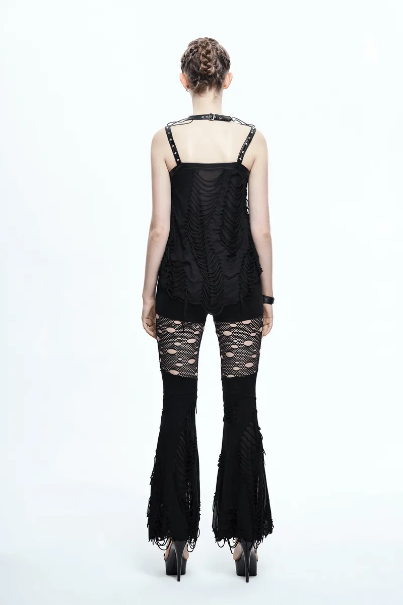 Black Flared Pants with Fabrics Shreds / Sexy Lace Hollow-Out Trousers / Ripped Skinny Pants