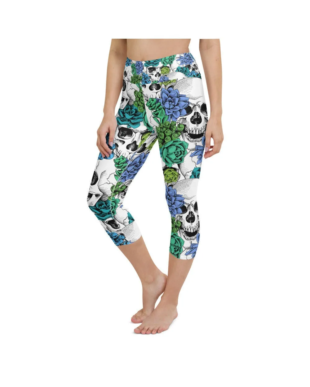 Blue Floral Skulls Yoga Capris