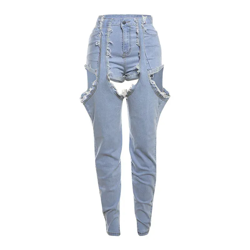 Bonnyshow Ripped Tassel Hollow Out Denim Pants Women Summer Fashion High Waist Jeans Trousers Casual Hip Hop Streetwear All Match Bottoms