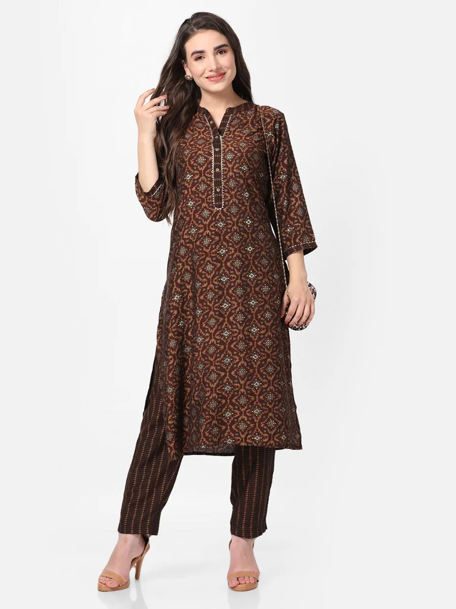 Brown Geometrical Printed Kurta With Trouser