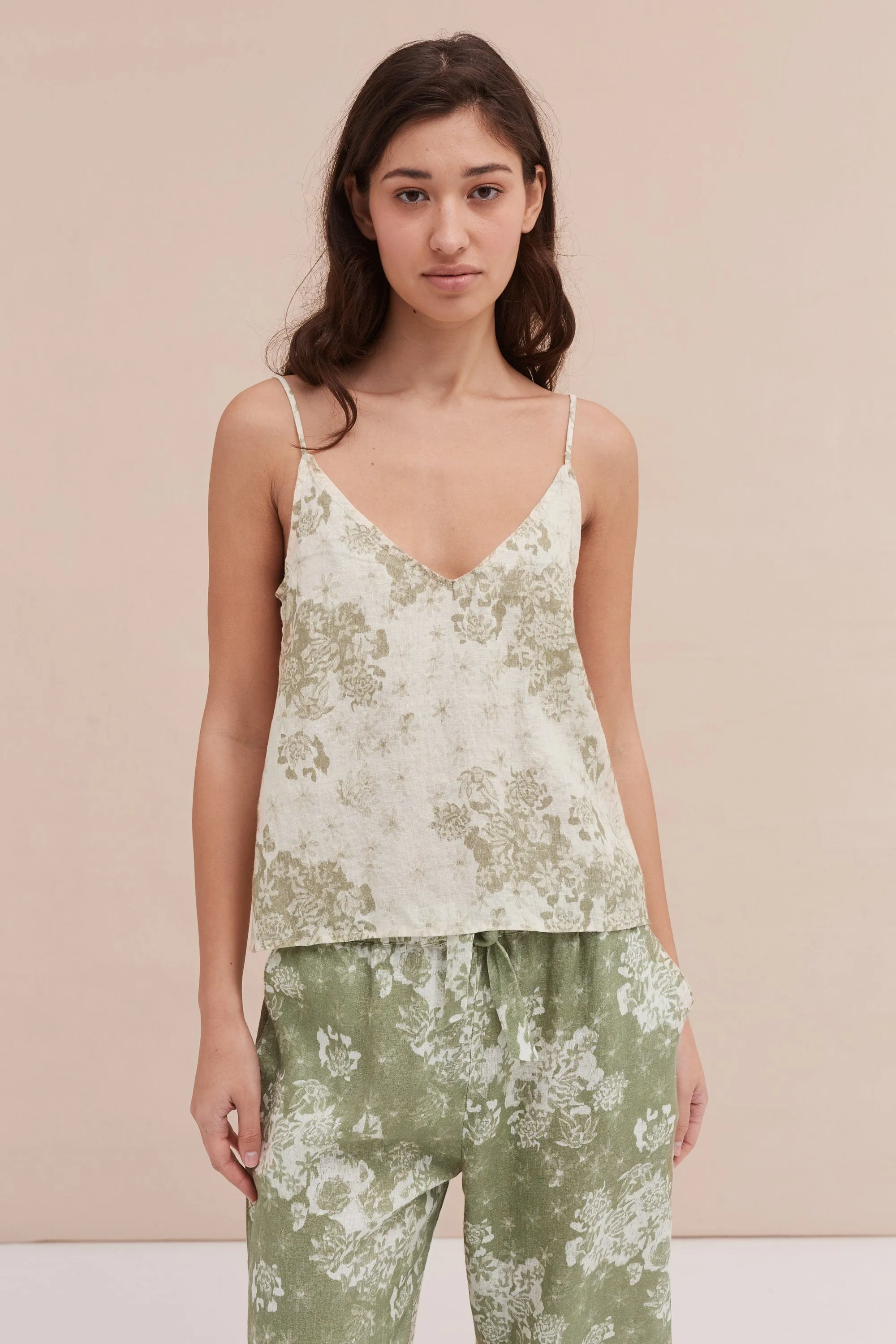 BV-Cami & Wide Leg Set Flowers Of Time Print Sage/Green Linen