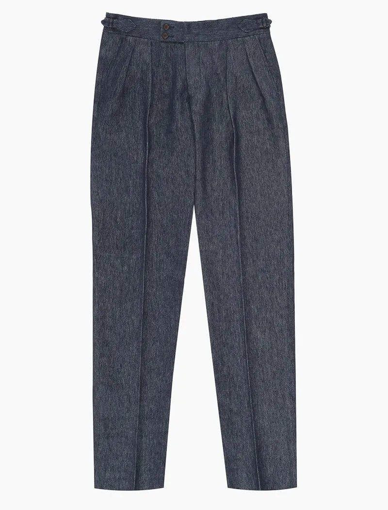 Dark Blue Denim Cotton High Waisted Trousers