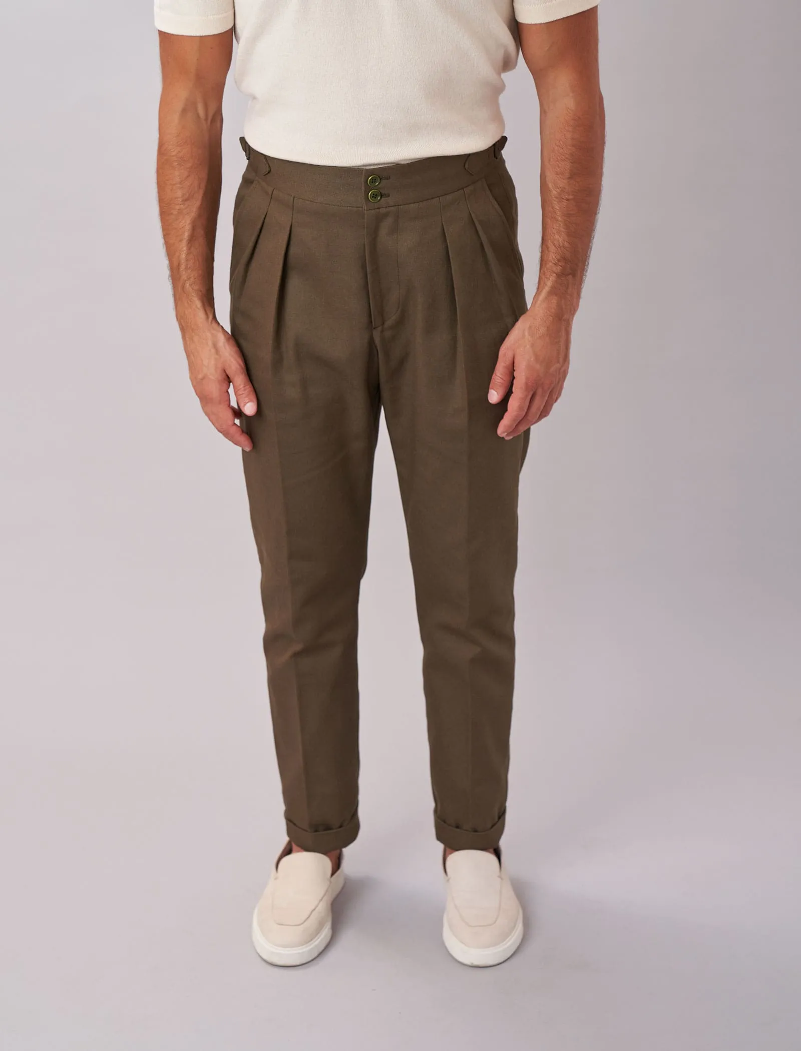 Dark Olive Green Cavalry Twill Cotton High Waisted Trousers