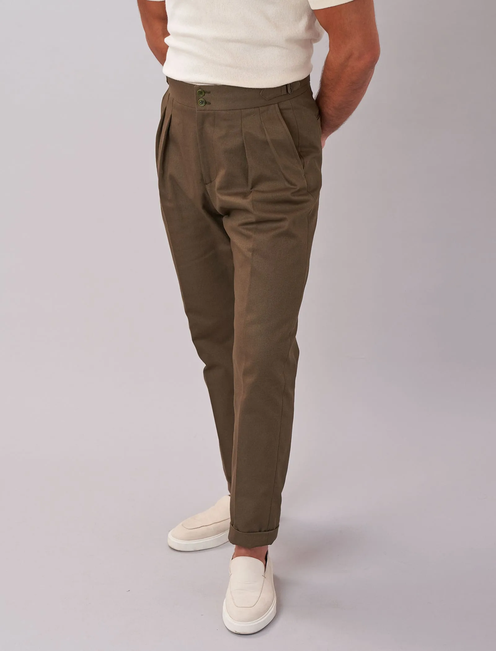 Dark Olive Green Cavalry Twill Cotton High Waisted Trousers