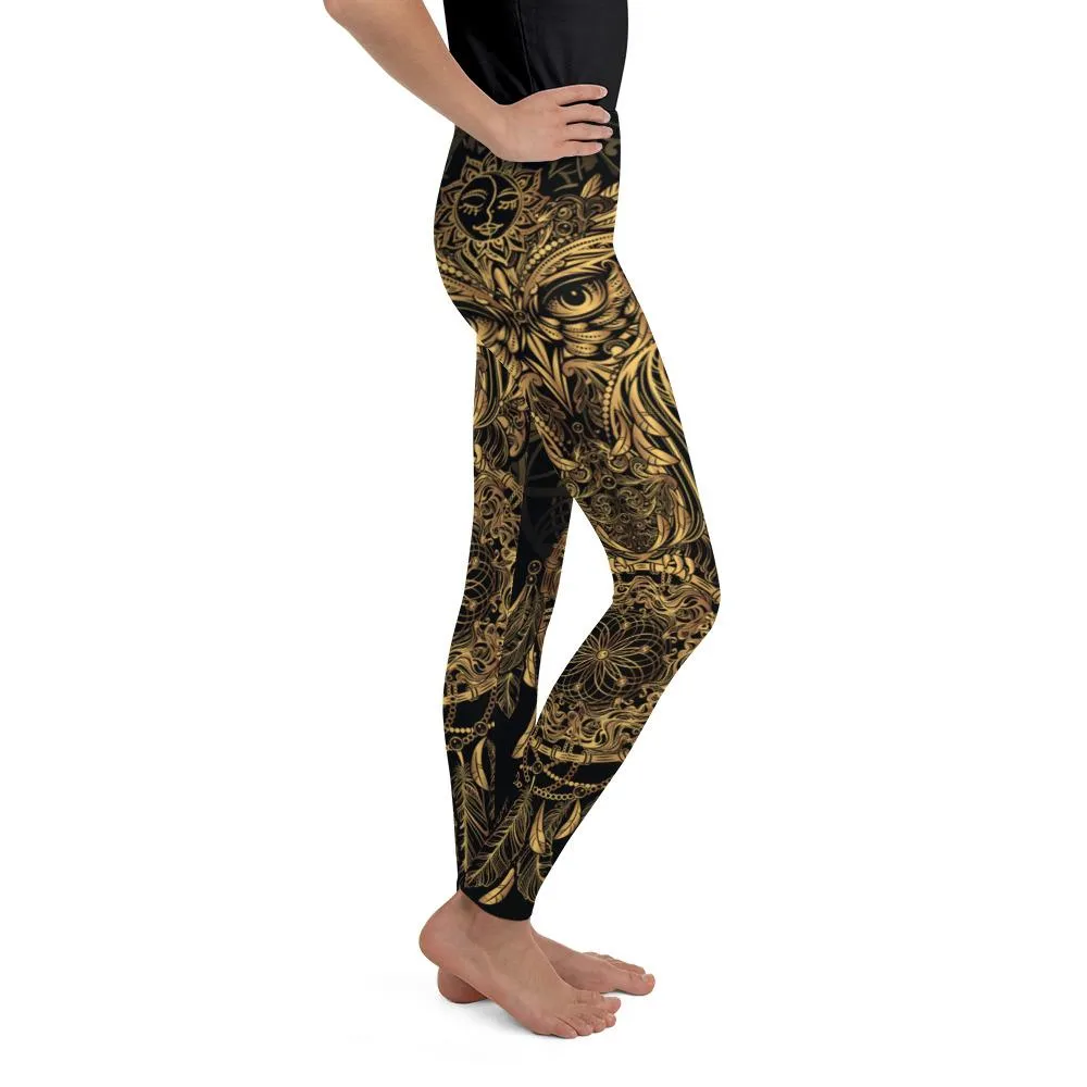 Golden Ornamental Owl Youth Leggings