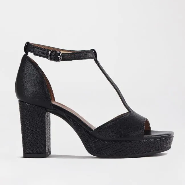 High Heel Platform T-Bar Sandal in Black - 12677