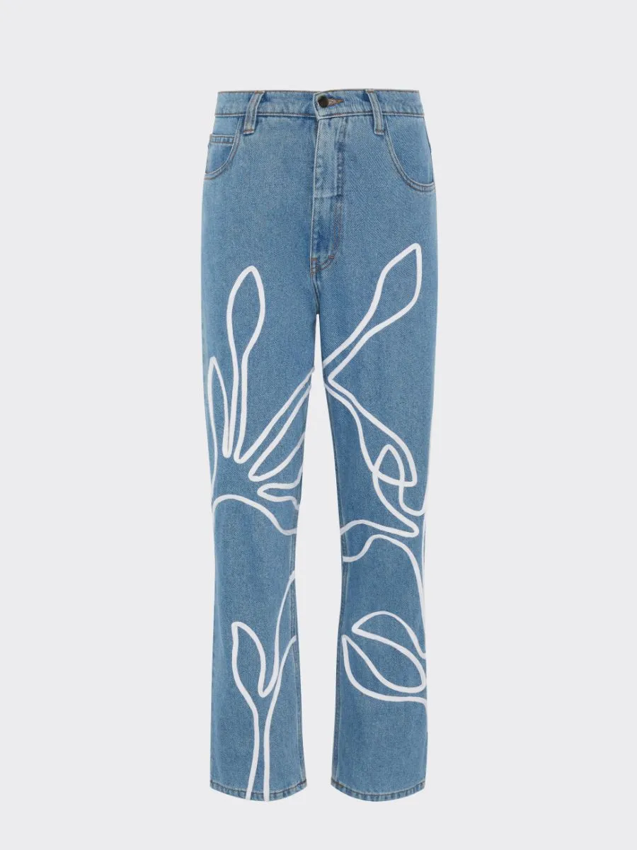 High Waisted Organic & Recycled Floral Trim Blue Jeans By Fanfare