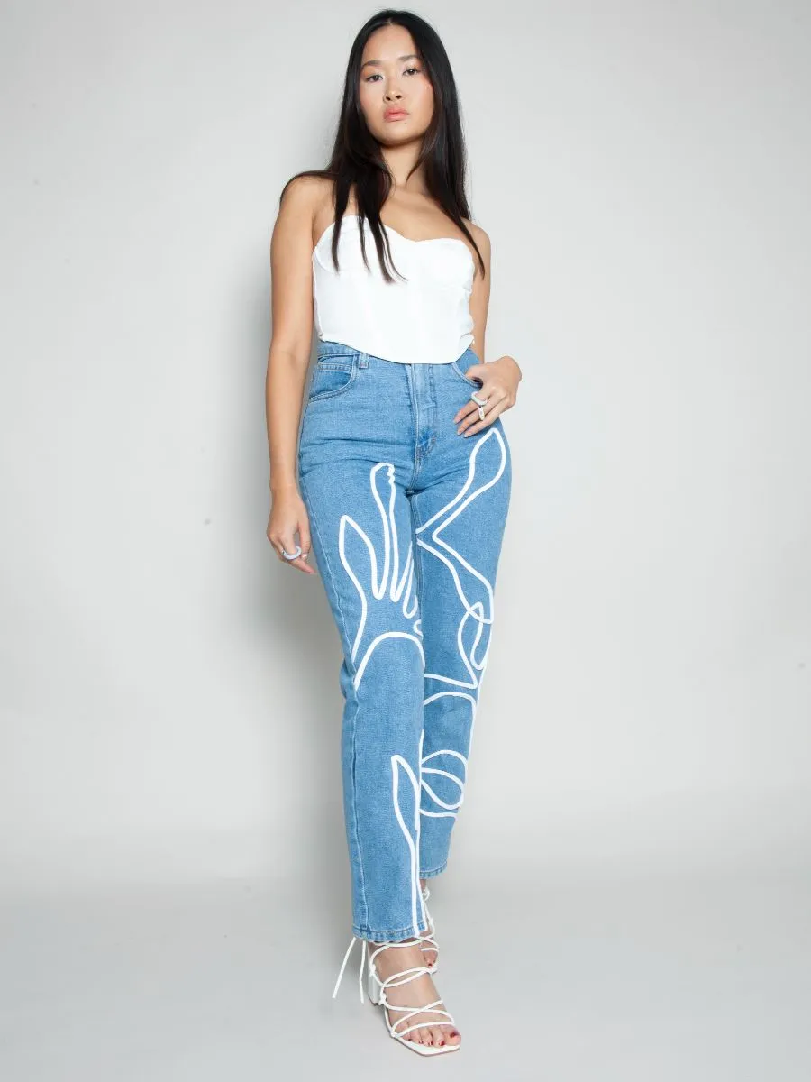 High Waisted Organic & Recycled Floral Trim Blue Jeans By Fanfare