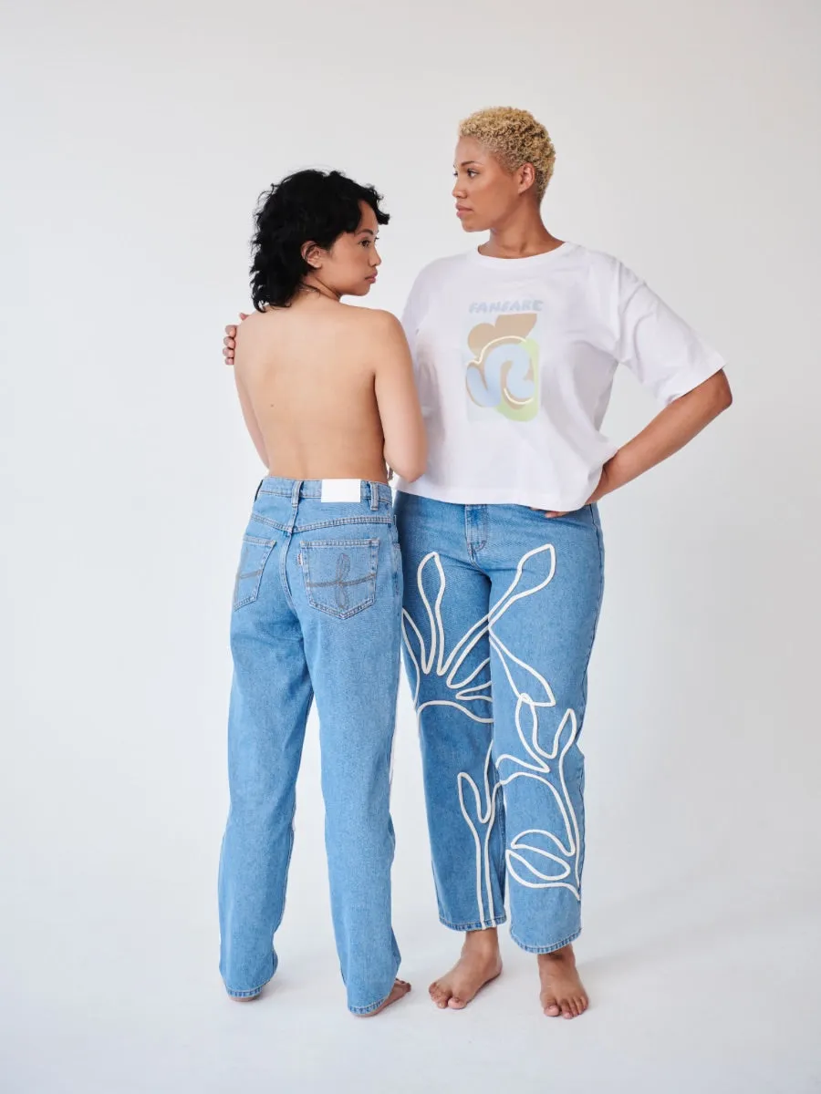 High Waisted Organic & Recycled Floral Trim Blue Jeans By Fanfare