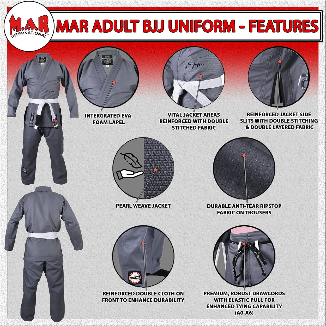 MAR-064C | Grey Brazilian Jiu-Jitsu Uniform - 480gsm