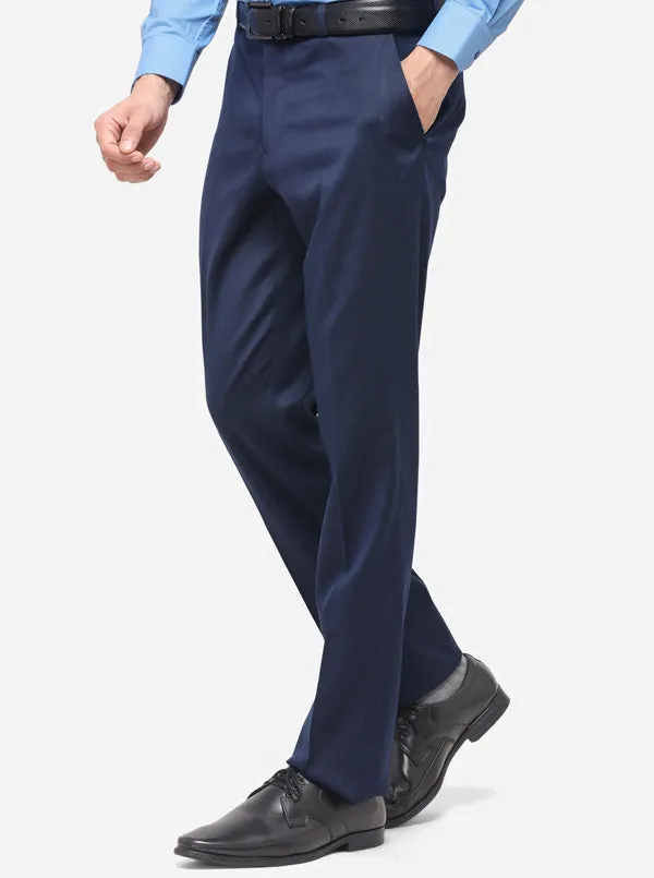 Navy Blue Classic Fit Solid Formal Trouser | Greenfibre