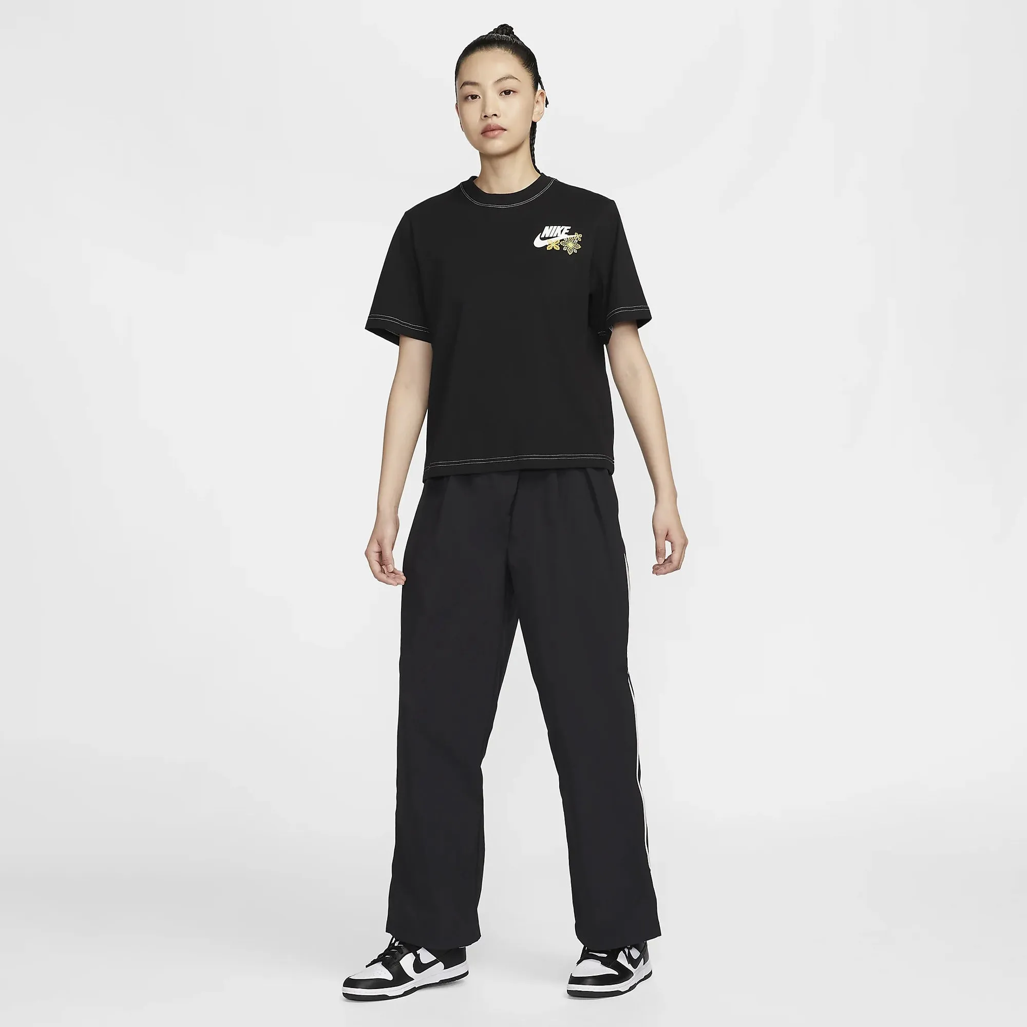 NIKE | MID-RISE REPEL ASYMMETRICAL-WAIST TROUSERS { BLACK/LT IRON ORE/WHITE