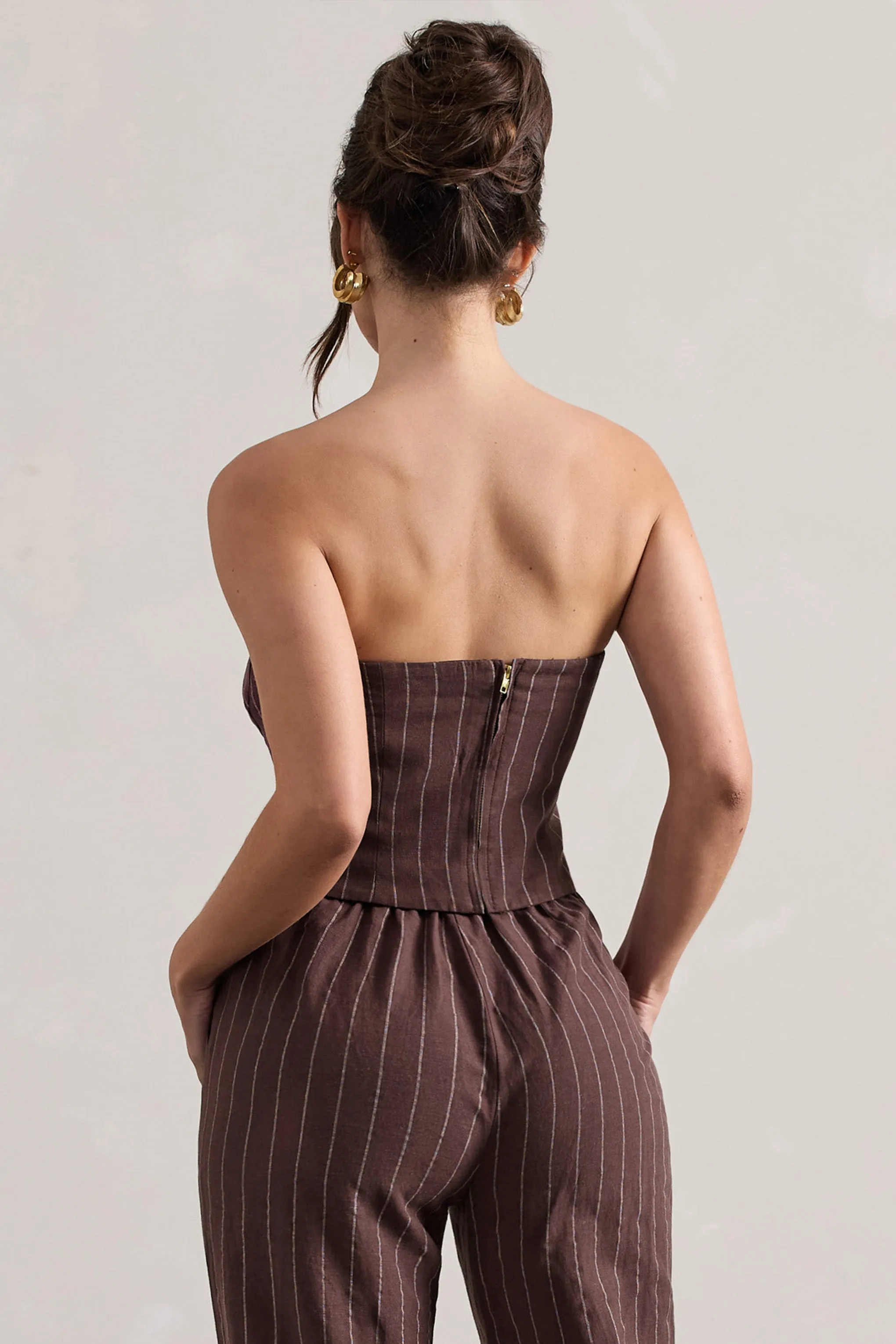 On Time | Chocolate Brown Pinstripe Tailored Bandeau Top