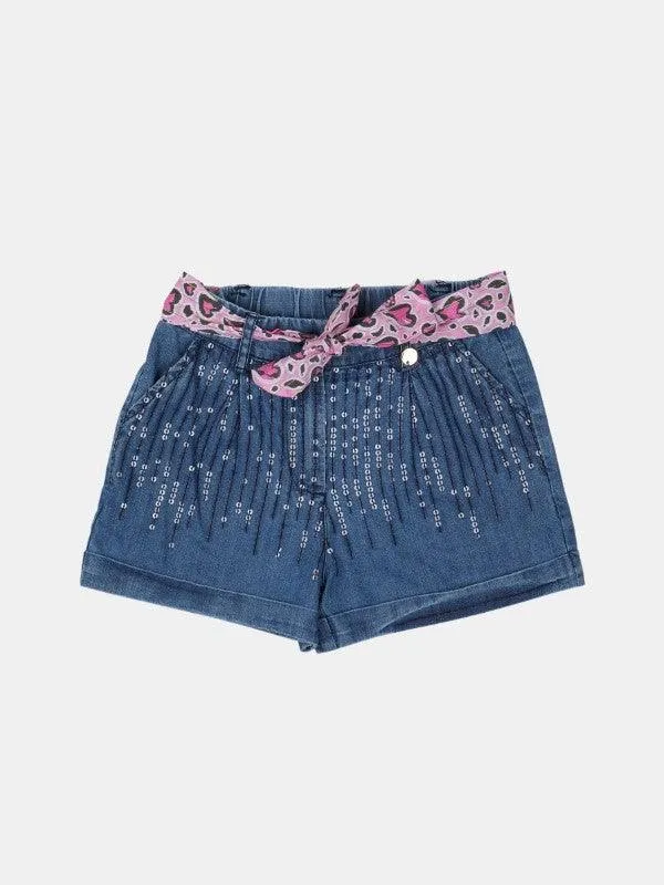 One Friday Blue Denim Sequin Shorts