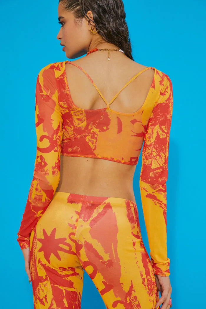 Orange Tonal Ripped Magazine Print Mesh Long Sleeve Crop Top