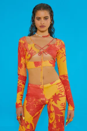 Orange Tonal Ripped Magazine Print Mesh Long Sleeve Crop Top