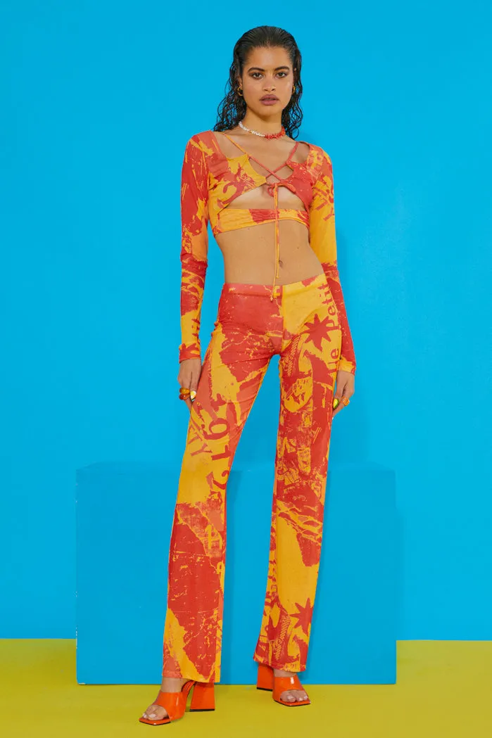 Orange Tonal Ripped Magazine Print Mesh Long Sleeve Crop Top