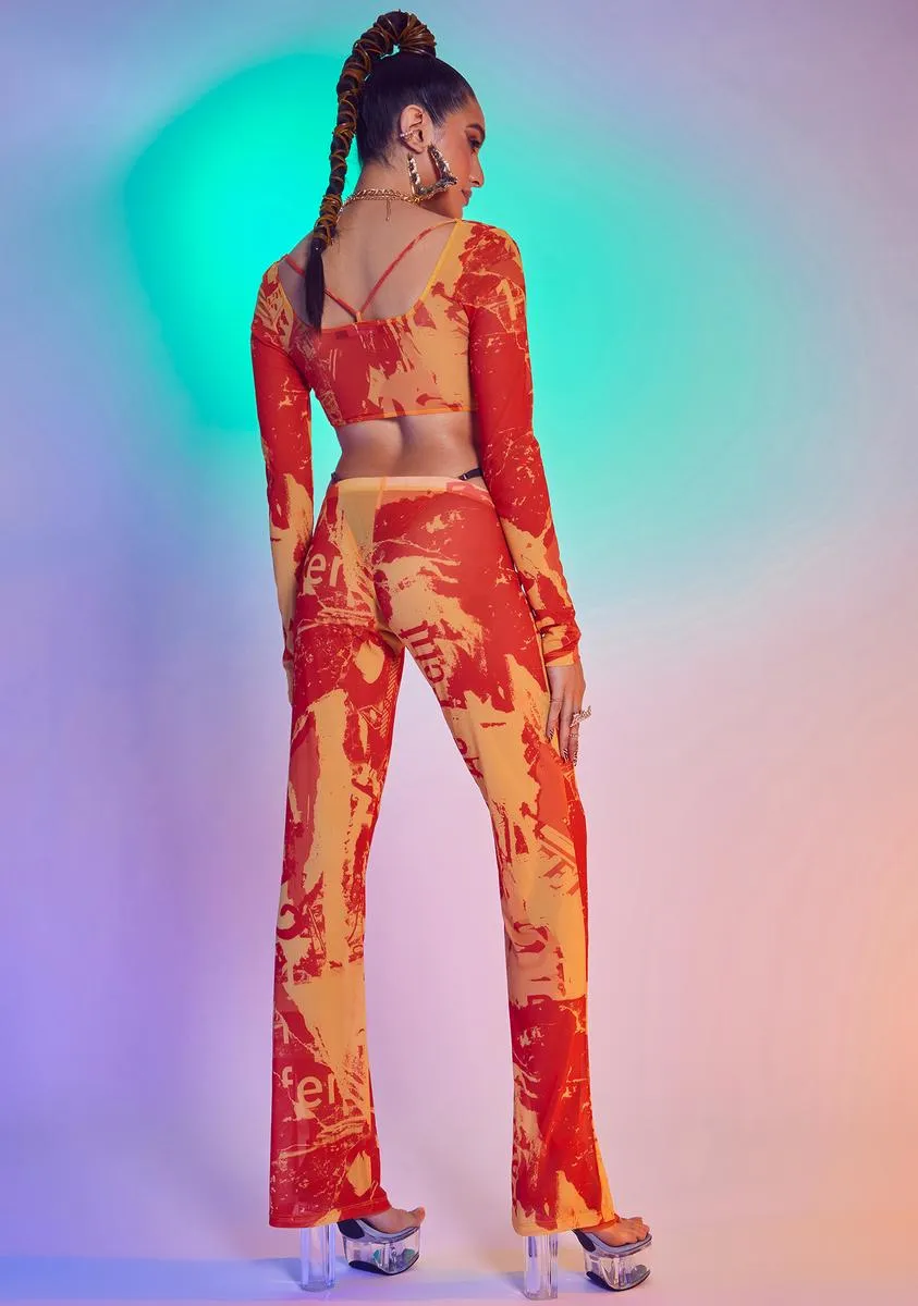 Orange Tonal Ripped Magazine Print Mesh Trousers