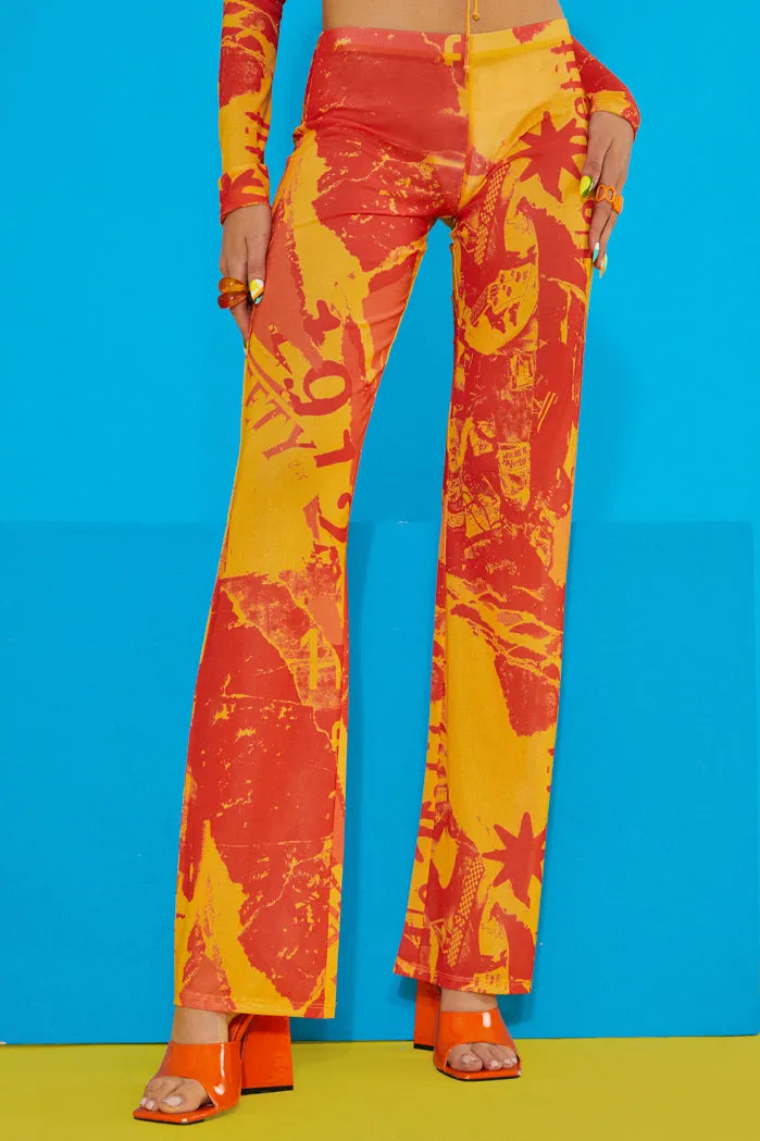 Orange Tonal Ripped Magazine Print Mesh Trousers