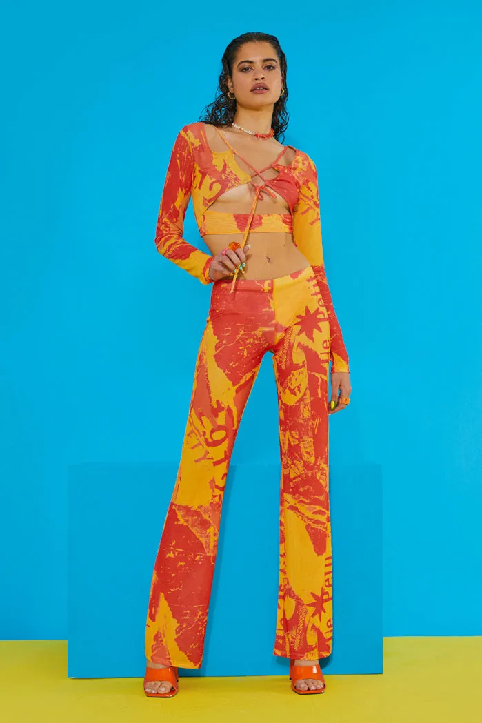 Orange Tonal Ripped Magazine Print Mesh Trousers