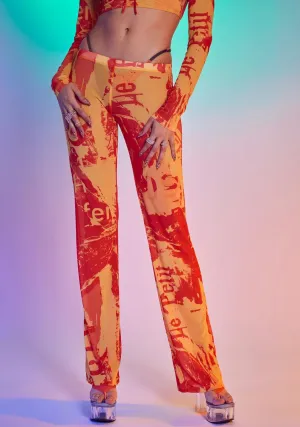 Orange Tonal Ripped Magazine Print Mesh Trousers