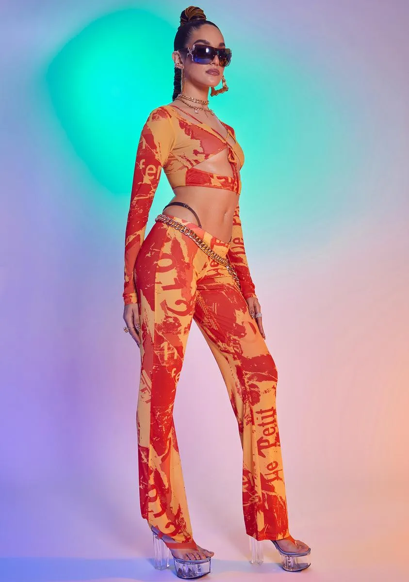 Orange Tonal Ripped Magazine Print Mesh Trousers