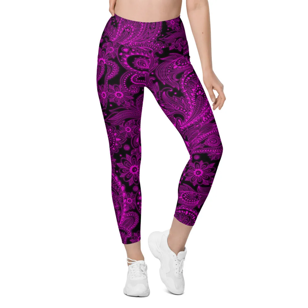 Pink Glowing Floral Leggings with Pockets