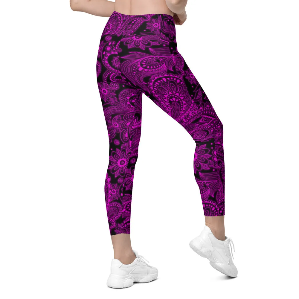 Pink Glowing Floral Leggings with Pockets