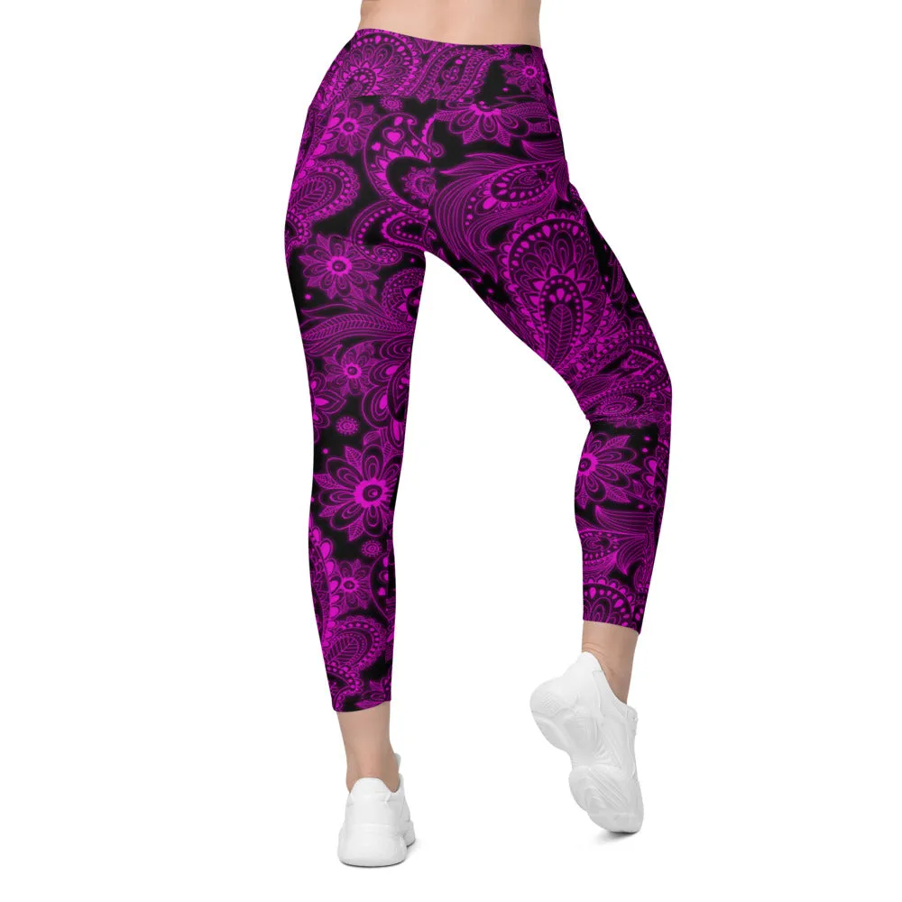 Pink Glowing Floral Leggings with Pockets