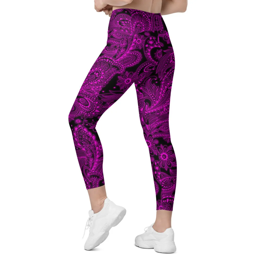 Pink Glowing Floral Leggings with Pockets