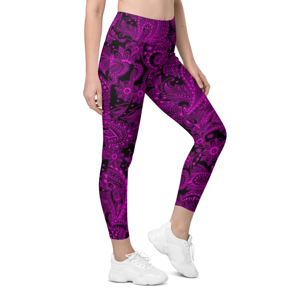 Pink Glowing Floral Leggings with Pockets