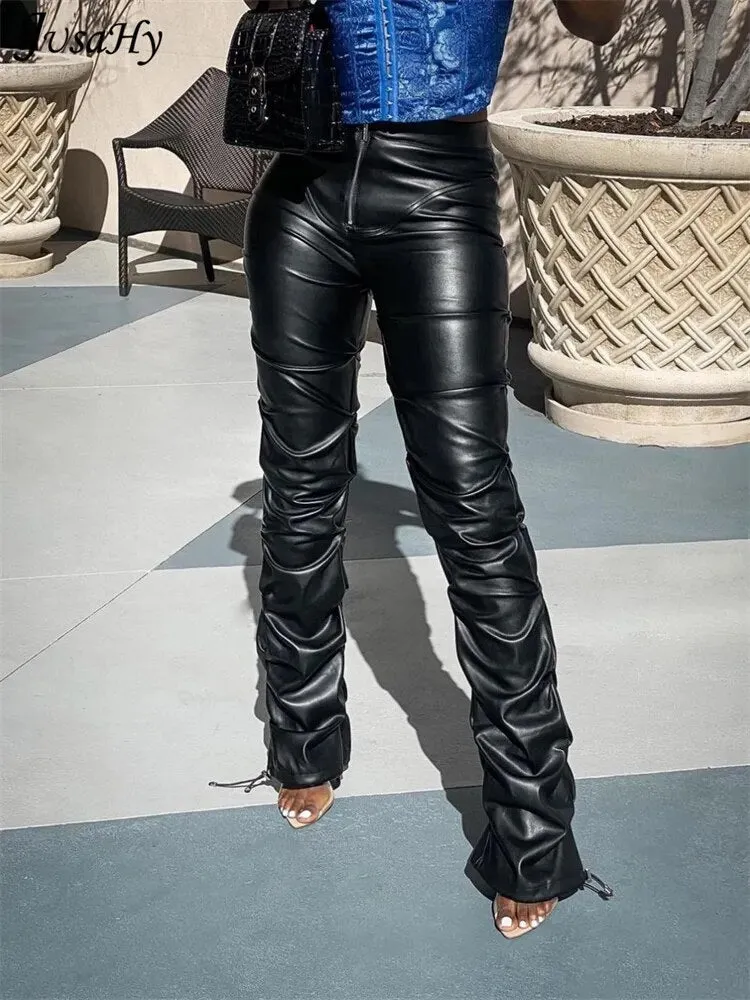 PU Leather Pleated High Waist Stacked Pant Women*