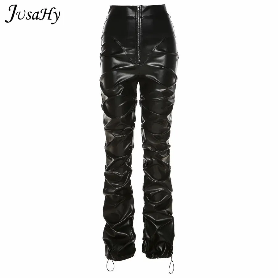 PU Leather Pleated High Waist Stacked Pant Women*