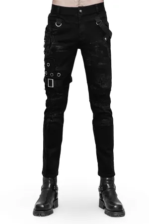 Punk Black Destroyed Jeans with Lace and Buckle