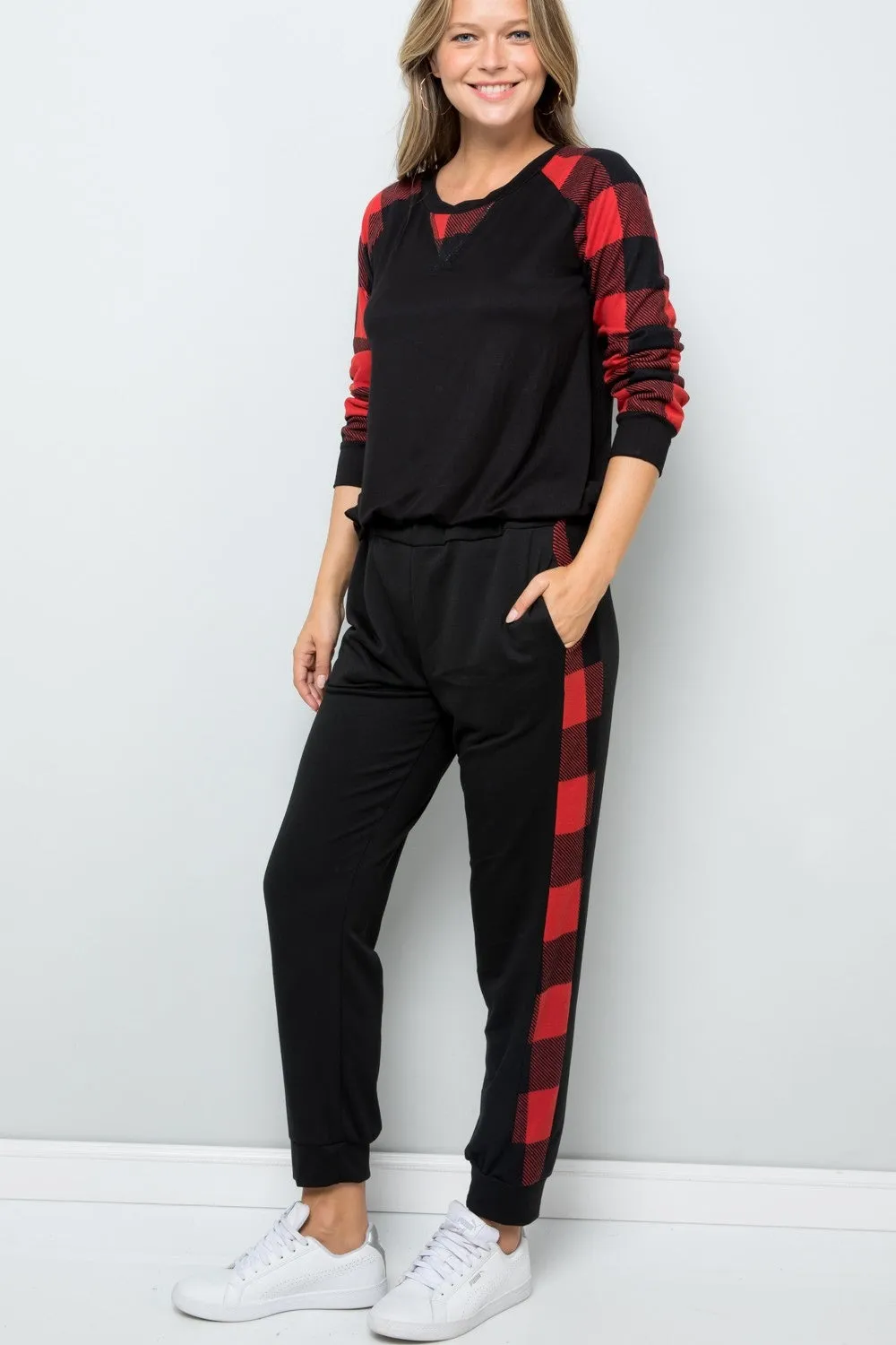 Red Plaid Side Print Sweatpants