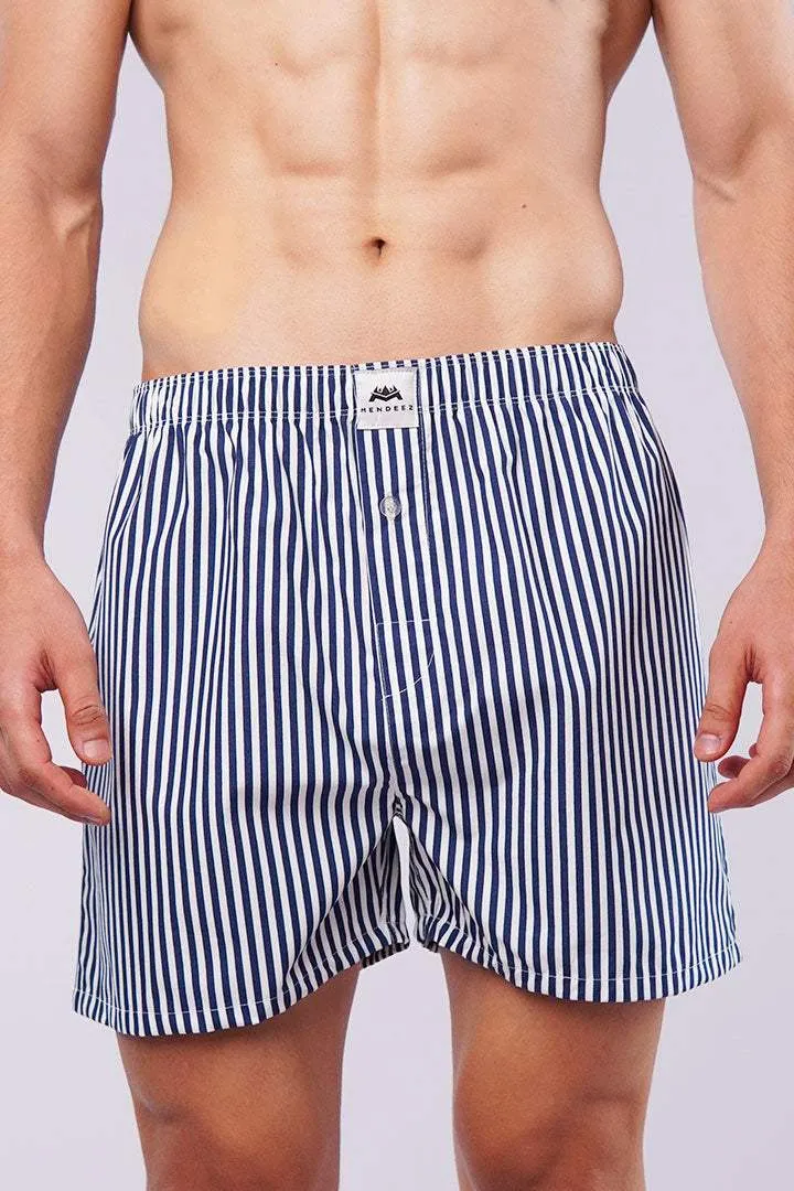 Striped Woven Boxer Shorts - Navy Blue & White