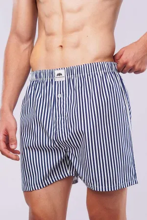 Striped Woven Boxer Shorts - Navy Blue & White