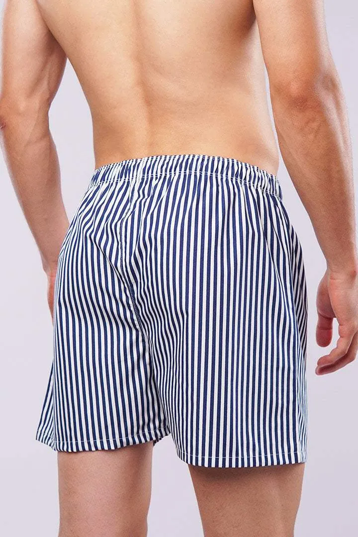 Striped Woven Boxer Shorts - Navy Blue & White